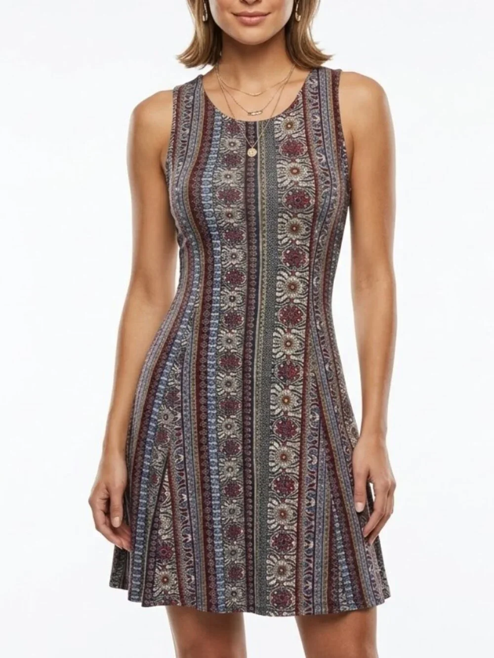 One Clothing Boho Medallion Stripe Skater Mini Dress Size L